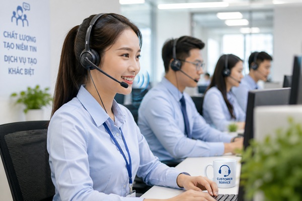 Nhân viên Call Center sử dụng tai nghe có micro chống ồn