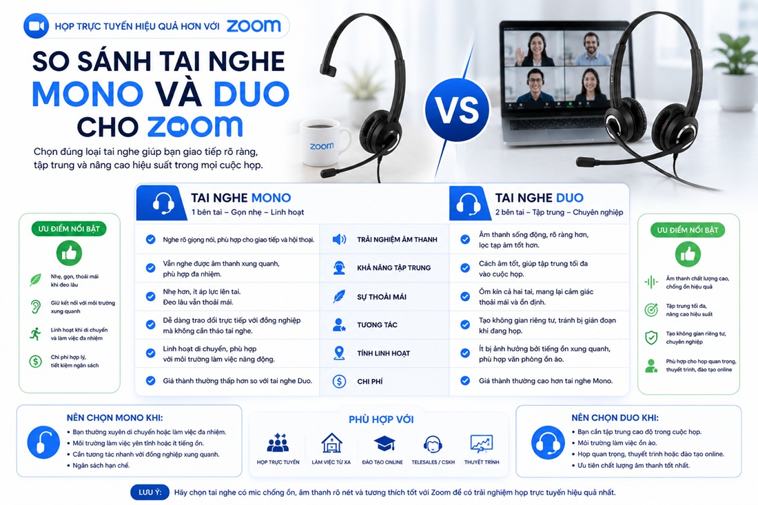So sánh tai nghe Mono và Duo cho Zoom