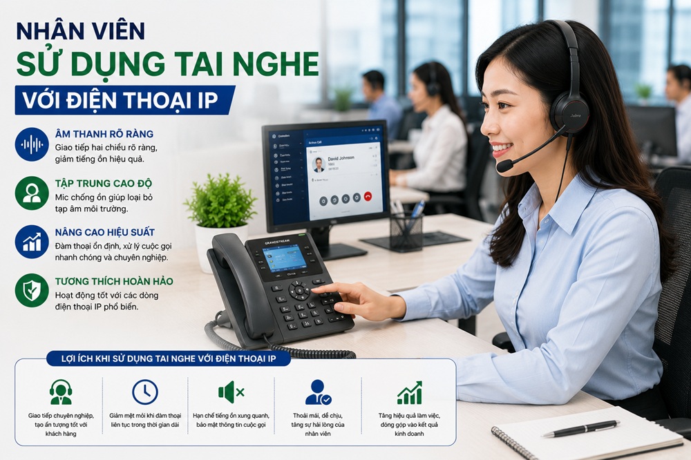 Nhân viên sử dụng tai nghe với điện thoại IP